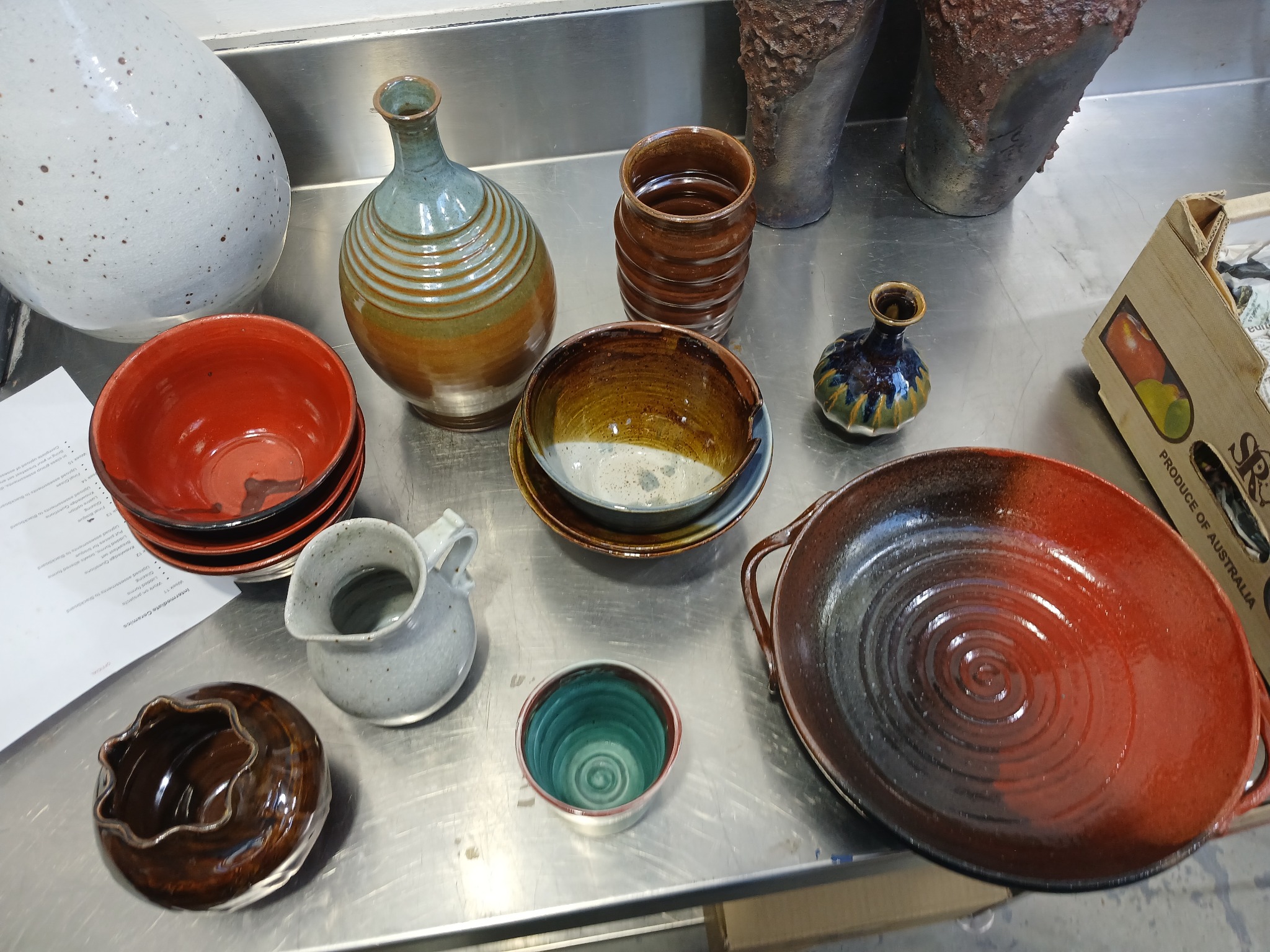 A varied group of finished Tom’s Pots ceramics
